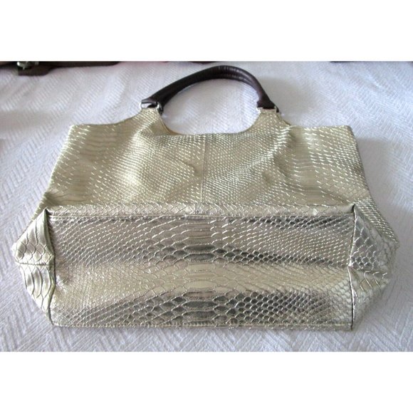 Neiman Marcus Tote-Large Shiny Gold Metallic Faux Snake Skin-Carry All Purse Bag - Picture 3 of 16